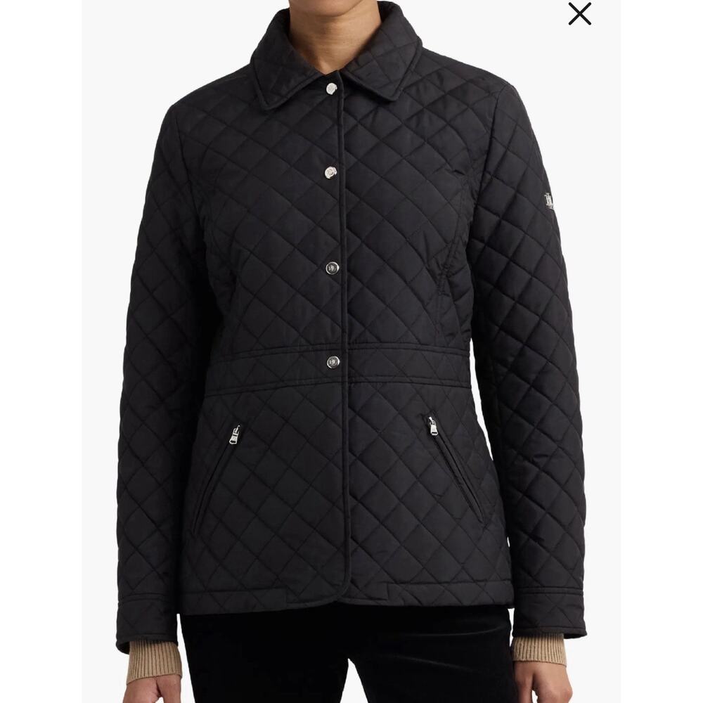 Lauren Ralph Lauren Black Diamond Quilted Peplum Jacket Women’s M Snap Zip